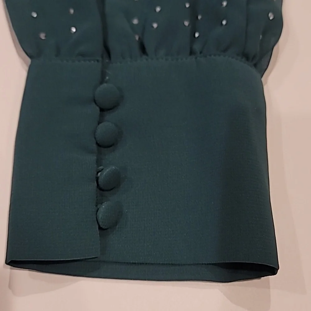Top Chic Tie Front Semi Sheer Sparkle Studded Cropped Blouse Forest Green L - Picture 9 of 14